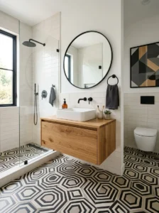 Modern bathroom with bold geometric patterned floor tiles.