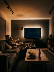 TV room in movie mode with dimmed smart lights and soft bias lighting behind the screen.