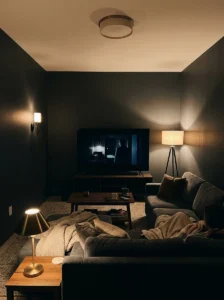TV room with warm dimmable lamps creating comfortable movie-night lighting.