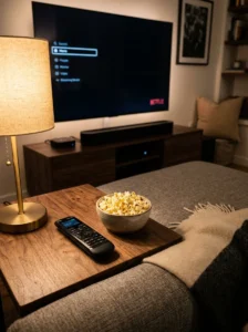 TV room using one universal remote to simplify the movie-night setup.