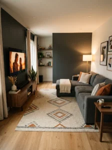 TV room with sofa positioned at a comfortable viewing distance from a 55-inch screen.