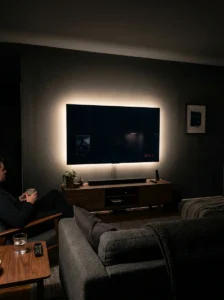 TV room with soft warm bias lighting glowing behind the television.