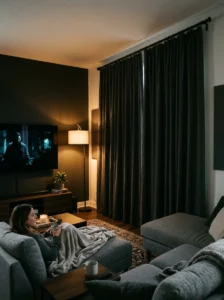 TV room with a soundbar, wireless subwoofer, and rear speakers for immersive movie audio.