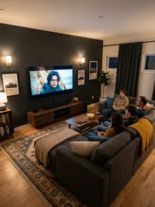 TV room with screen size properly matched to the seating distance and room dimensions.