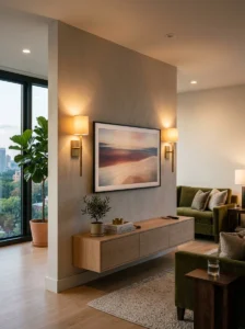 Television framed by decorative wall sconces.