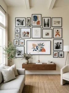 Gallery wall arranged around a television.
