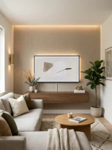 TV wall with textured wallpaper backdrop.