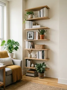 Vertical storage shelves in a small living room.