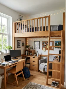 Small bedroom with a loft bed and functional study area underneath.