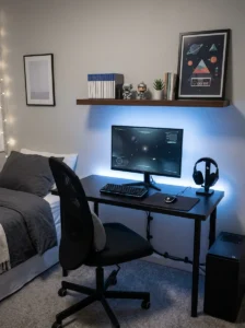 Budget-friendly gamer bedroom with simple desk, single monitor and affordable LED lighting.