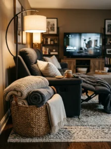 TV room blanket basket filled with cozy throws for movie nights.