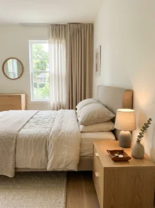 Clutter-free modern bedroom with clean dresser and nightstand surfaces.