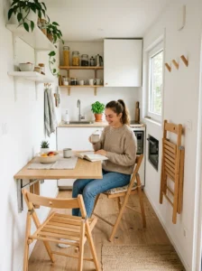 Mini kitchen with a wall-mounted fold-down table for dining and food preparation.