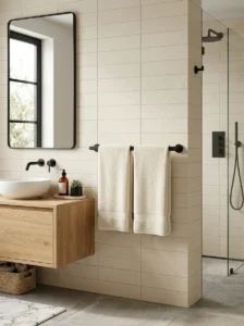 Matte black statement towel bar with neatly hung cream towels matching bathroom fixtures.