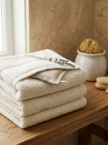 Lavender sachet tucked between neatly folded ivory bathroom towels for a subtle spa touch.