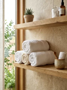 White bathroom towels neatly rolled and stacked on an open wooden shelf.