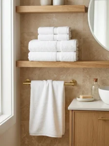 Fresh fluffy white bathroom towels neatly folded and displayed for a clean spa-like appearance.