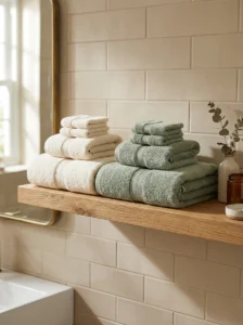 Bath towel, hand towel and washcloth layered by size on an open bathroom shelf.