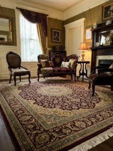 Victorian living room with a burgundy and antique gold medallion area rug.