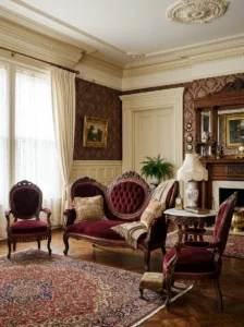 Victorian living room featuring ornate carved wood settee and matching accent chairs.