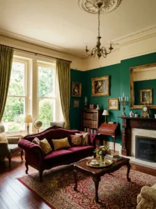Victorian living room with deep emerald walls, burgundy upholstery, and warm gold accents.
