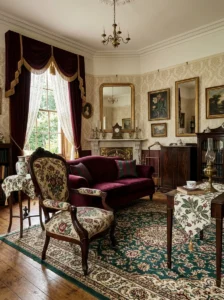 Victorian living room layering floral, striped, and damask patterns in a coordinated palette.