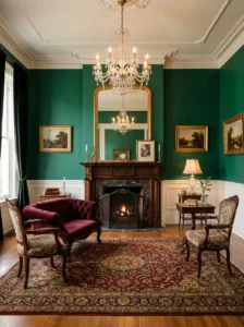 Elegant Victorian living room balancing ornate decor with open space and uncluttered surfaces.