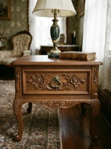 Victorian-style side table featuring decorative wood trim and floral molding.