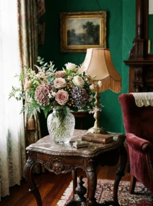 Victorian living room with fresh flowers displayed in an ornate cut-glass vase.
