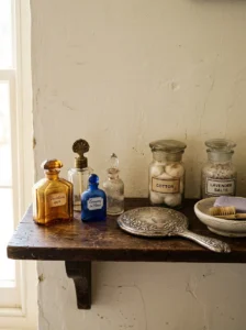 Bathroom shelf displaying vintage perfume bottles, apothecary jars, and an antique hand mirror.