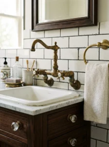 Vintage bathroom sink with an aged brass bridge faucet and glass cabinet knobs.
