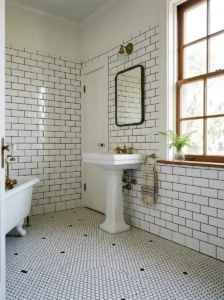 Vintage bathroom with black and white hexagon flooring and subway tile wall