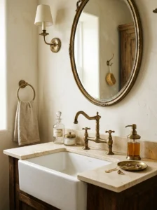 Vintage bathroom styled with aged brass fixtures, tray, and metal accessories.