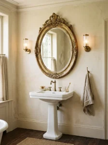 Vintage bathroom with a large ornate gold mirror above a pedestal sink.