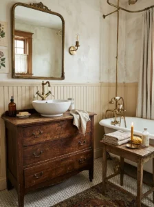 : Vintage bathroom featuring an antique wooden dresser converted into a vanity.