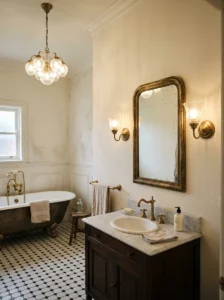 Vintage bathroom illuminated by glass wall sconces and an elegant small chandelier.
