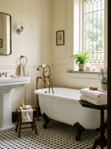 Vintage bathroom featuring a white clawfoot tub, pedestal sink, and classic hexagon floor.