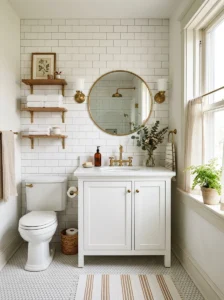 Bathroom with white penny tile flooring.