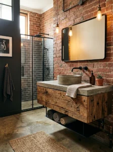 Reclaimed wood vanity adding warmth and texture to an industrial bathroom.