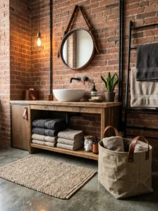 Industrial bathroom styled with canvas textiles and subtle leather accents.