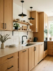 Rustic modern kitchen with coordinated matte black hardware, faucet, and lighting.