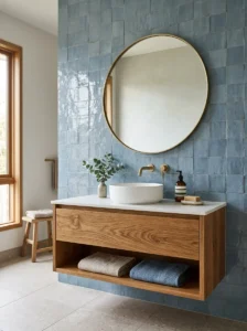 Bathroom vanity backsplash featuring soft blue zellige-inspired tiles.