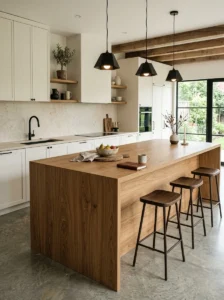 Rustic modern kitchen with a warm wood-grain waterfall-edge island.
