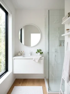 Bathroom with matte white fixtures and modern decor.