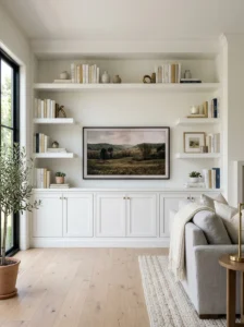 Built-in cabinets framing a TV wall.
