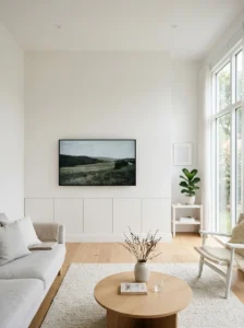 Minimalist floating TV on a clean wall.