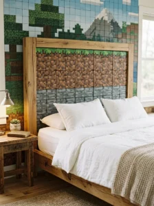 Minecraft block-style wooden headboard.