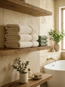 Bathroom towels neatly arranged in consistent hotel-style folds on open wood shelving.