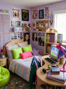 90s bedroom combining pastel lavender with neon green and pink accents.