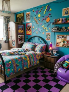 Purple and black checkerboard rug adding a bold 90s pattern to a bedroom.